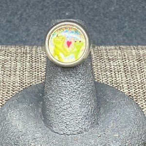 Frogs In Love Ring Size 4 Silver Acrylic Green Red Blue Glitter Retro Valentine